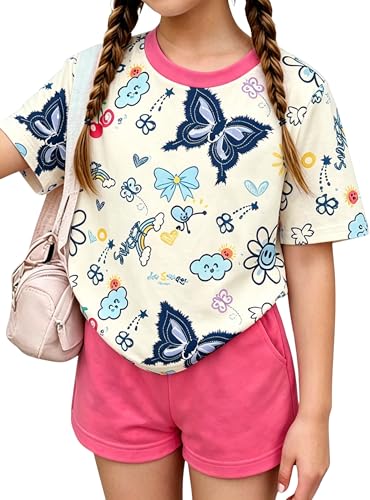 Image of Girls Clothes 2PCS Butterfly Print Short Sleeve T-Shirt + Shorts Set Teen Tween Girls Summer Outfits Set
