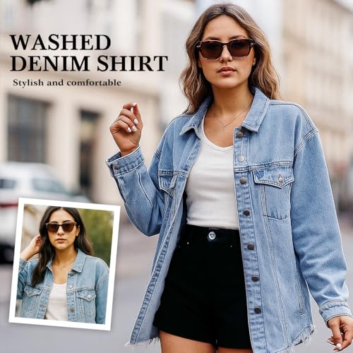 Women's Casual Denim Button Down Distressed Jacket, Oversized Denim Shirt Jackets Fall Long Boyfriend Jacket2