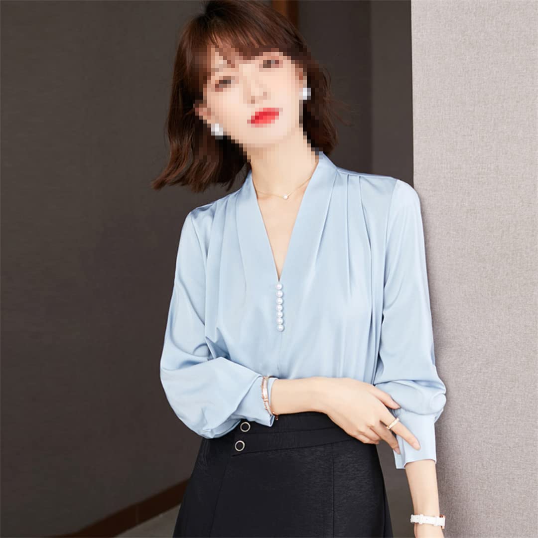 Chemise à Manches Longues à col en V pour Femmes Printemps Casual Blouse de Travail de Bureau en Vrac Chemises en Mousseline de Soie plissée perlée