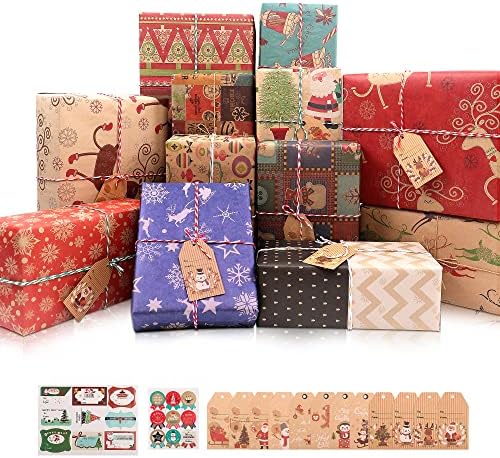MAMUNU 12 Sheets Christmas Wrapping Paper, Recyclable Kraft Gift Wrapping Paper with Mixed Patterns for Christmas Decoration, Handmade DIY Craft, 70X50CM, with 10M Cotton Thread, Stickers and Tags