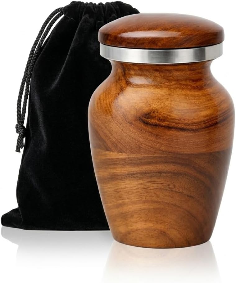 Wooden Cremation Urn for Human Ashes – Solid Wood Funeral Memorial Urn with Metal Ring Lid, Adult Burial Urn, Elegant Keepsake for Loved One, Tapered & Rounded Shape Options (Round Shape)
