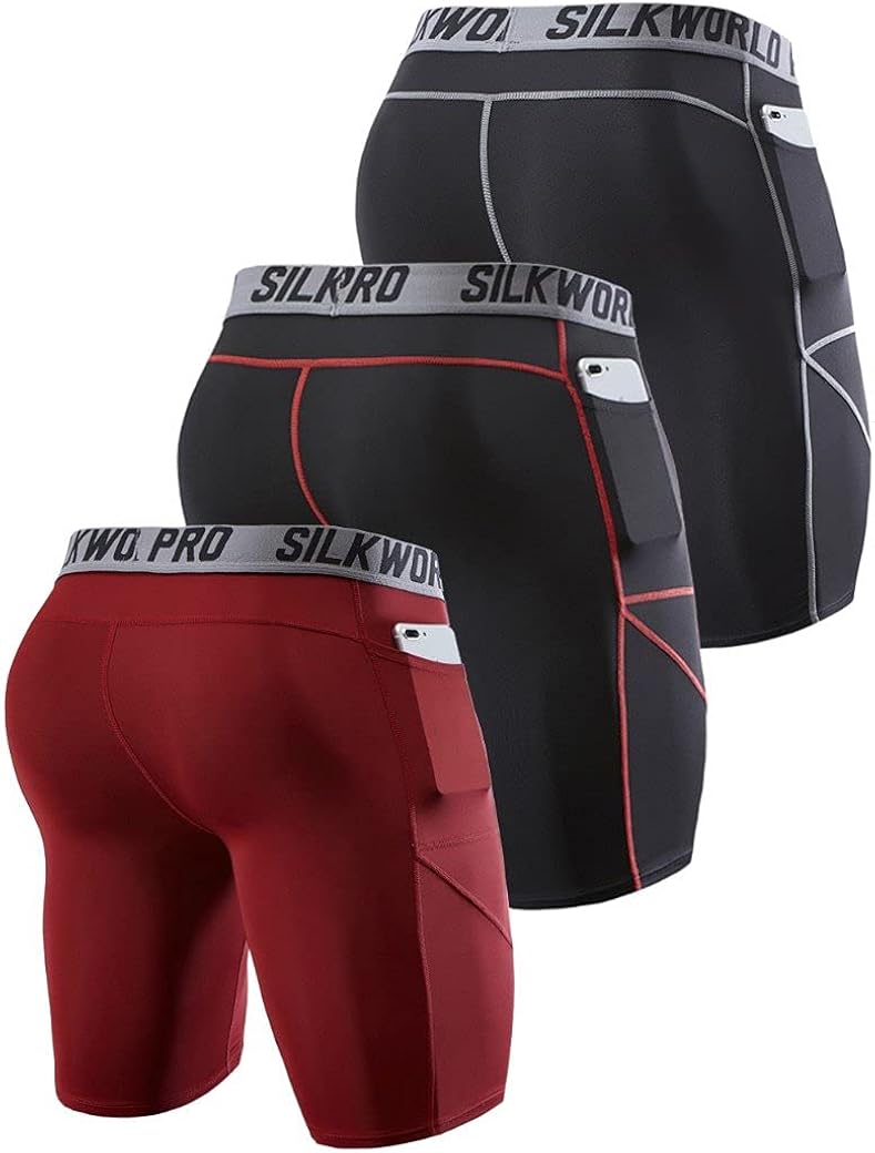 SILKWORLD Men’s Compression Shorts Pockets Sports Running Tight