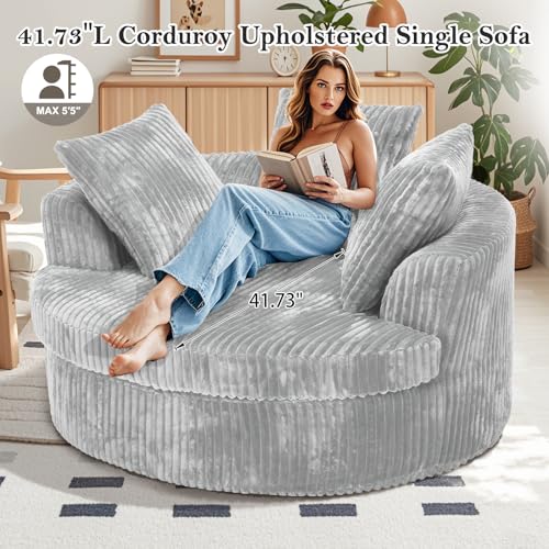 Image of 59 inch Oversized Chaise Lounge Chair Indoor, Round Corduroy Chaise Lounge Sofa Bed with Throw Pillows and Backrest, Plush Sleeper Chair Bed for Living Room Bedroom,No Assembly Required
