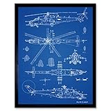 Mil MI-35 Hind Helicopter Gunship Blueprint Plan Art Print Framed Poster Wall Decor 12x16 inch