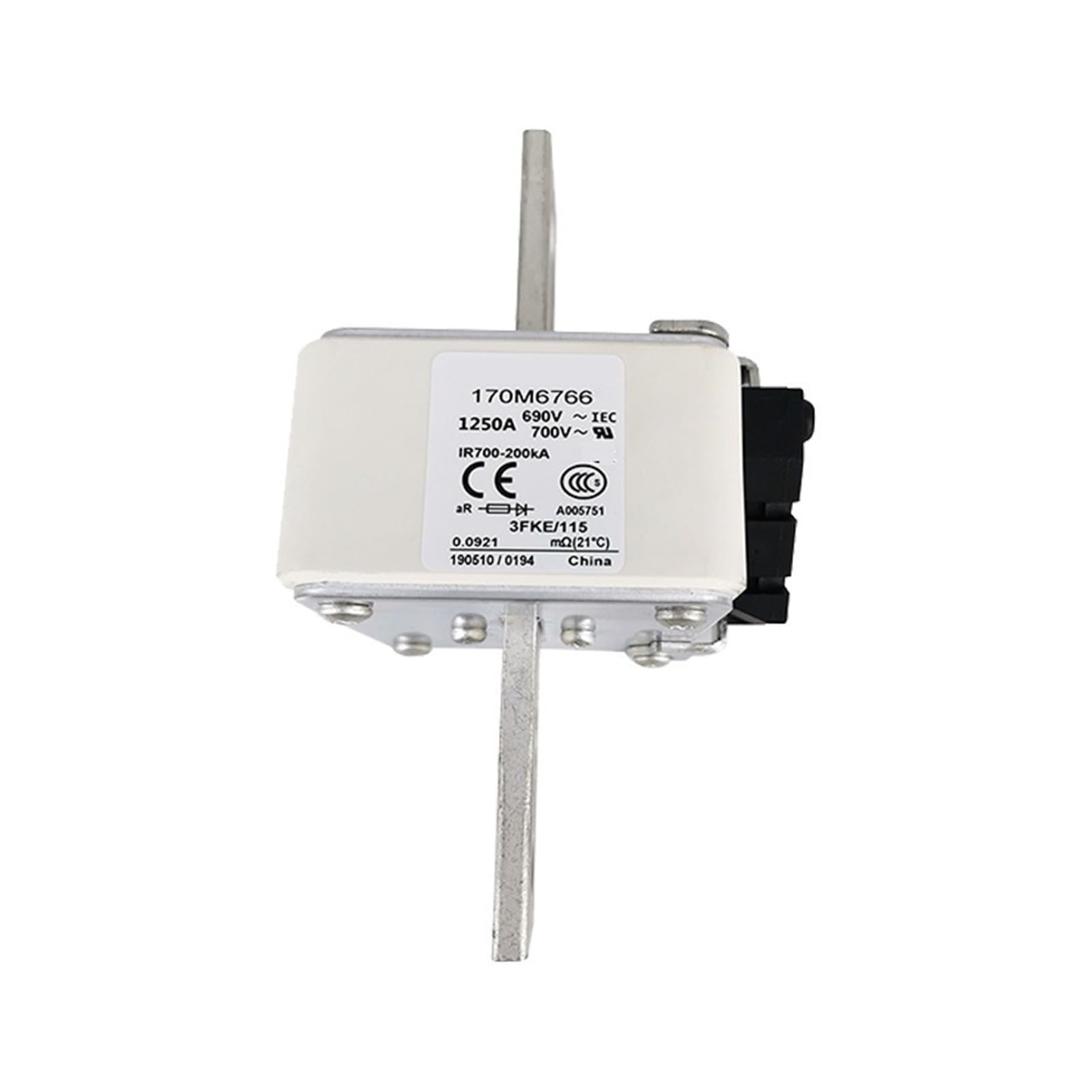Fusible rápido 170M6766 de 1250A y 690V AC en cuerpo cuadrado de tamaño 3