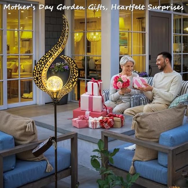 HOMEIMPRO Outdoor Garden Solar Lights Stake, Mothers Day Gifts Mom,Crackle Glass Metal Flower Waterproof LED Fairy Lights for Pathway,Lawn,Patio or Courtyard,Gardening Gifts Women (Bronze)