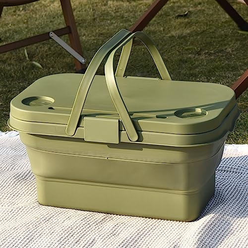 Coseelly Fordable/Collapsible Picnic Basket, Multi-Functional and Water-Proof Storage Basket with Lid for Camping, Outdoor, Home Storage, Food Storage, Valentine Day, Thanks Giving,Christmas(Green)