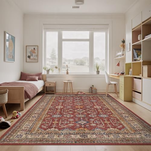 Rugland 8x10 Area Rugs - Stain Resistant Washable Rug, Anti Slip Backing Rugs for Living Room, Vintage Tribal Area Rugs (TPR10-Burgundy, 8'x10')