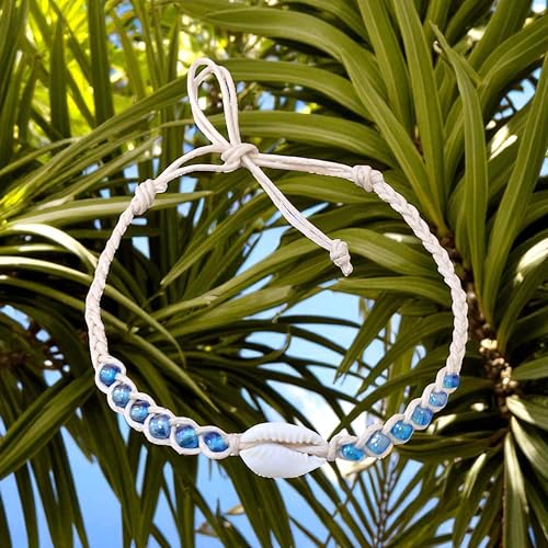 BlueRica Braided Cotton Anklet Bracelet with Cowrie Shell and Blue Glass Beads4