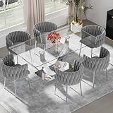 RGZ 7 Pieces Modern Silver Luxury Dining Set, Large Minimalist Rectangle Dinner Room Set for 6, 71'' Clear Glass Top Kitchen Table with Grey Woven Chairs Set, for Home Apartment Living Room Home