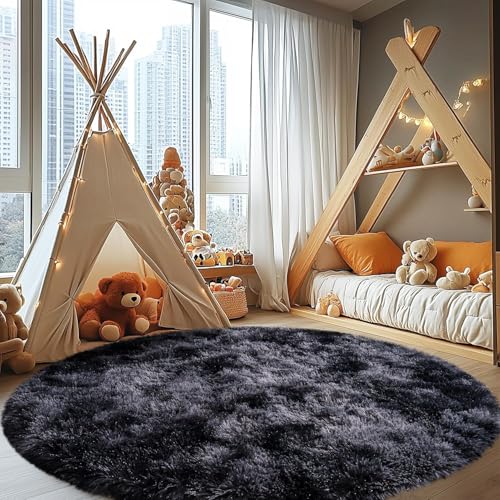 Image of Premium Round Shaggy Carpet Plain Fur Rugs for Hall and Drawing Room 7x7 Feet Microfiber & Polyster Modern Interior Floor Mat Dark Grey