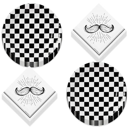 Mustache Party Supplies - Little Man Birthday and Baby Shower Paper Checkered Dinner Plates and Beverage Napkins (Serves 16)