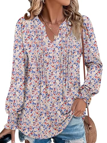 BETTE BOUTIK Long Sleeve Shirts for Women Fall Tops Dressy Blouses Pleated V Neck Tunic Tops for Leggings S-3XL