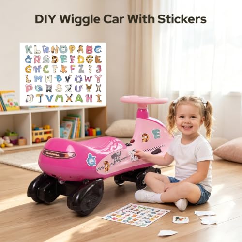 ELEMARA 12V Electric Wiggle Car,Wiggle Car for Kids with Bottom Flashing Light,2 Speeds,Kids Ride On Toys with Sticker,9 Color Modes,Flashing Wheels, Bluetooth,Pedal,for Age 3+,150 Lbs,Pink by ELEMARA - Used condition - Image 6