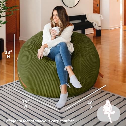 Image of Big Joe Fuf 5Ft Oversized Foam Bean Bag Chair with Removable Cover for Kids, Teens, Adults, Moss Green, Corded Plush, 5 Foot Large Reading and Gaming Seat