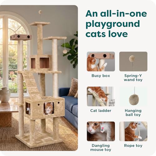 Image of FurHaven 69.3 inch Tall Cat Scratching Post Tower for Indoor Cats, Sisal Cat Tree with 2 Condos, Tiger Tough Double Decker Playground, Toys & Perches for Cats, Sisal, Cream