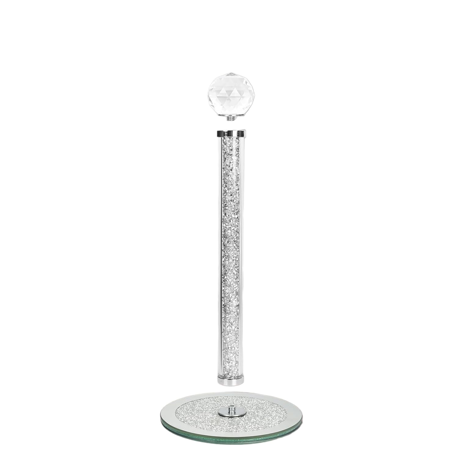 White Kitchen Roll Holder Crushed Diamond Crystal Diamante Freestanding Chrome, Sparkling Bling Decorative Paper Towel Stand for Kitchen Countertops - 29cm