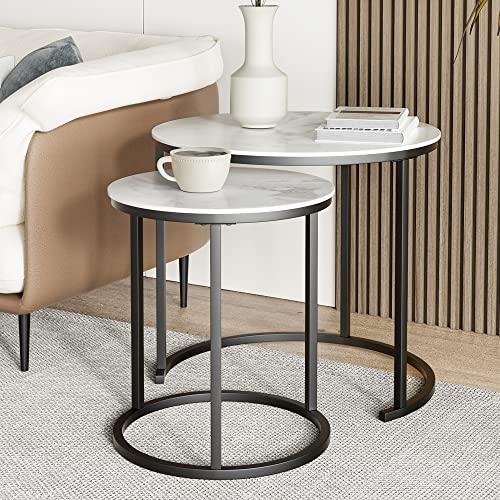 Idealhouse Round Coffee Table Set Of 2, Modern Accent Marble Texture Coffee Tables For Living Room, Nesting Table For Reception Room And Office Room (Black) #TOP2