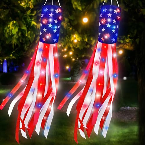 250th Anniversary USA, 2 Pack 40 Inch American Flag Windsock with Lights Red White Blue Star Stripes Patriotic Windsock Hanging 4th of July Decorations Memorial Day Independence Day Fourth of July