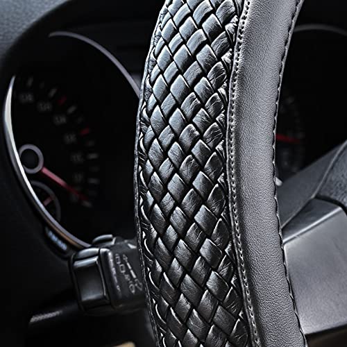 Image of Haokay Heavy Duty Pure Cowhide Steering Wheel Cover, Genuine Leather Steering Cover with 15 Inches Universal Fit (Black-4)