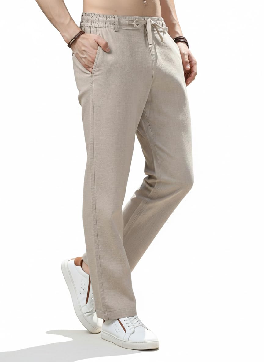 Men’s Cream Regular Fit Straight Pants | Comfortable Stylish Trousers for Men | Soft Fabric Chinos for Everyday Wear, Travel & Office | Linen Cotton Bottom Wear | Casual Trousers for Men