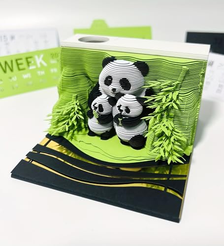3D Creative Time Piece Calendar 2026 Desk Weekly Calendar Decoration with Acrylic Case Paper Sculpture Non-stick Notes Paper Carving Art Craft Chirstmas Gift (Panda)