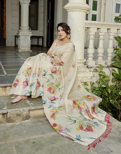 Image of Yashika Women's Chanderi Floral Digital Print Chandheri Saree with Unstitched Blouse Material