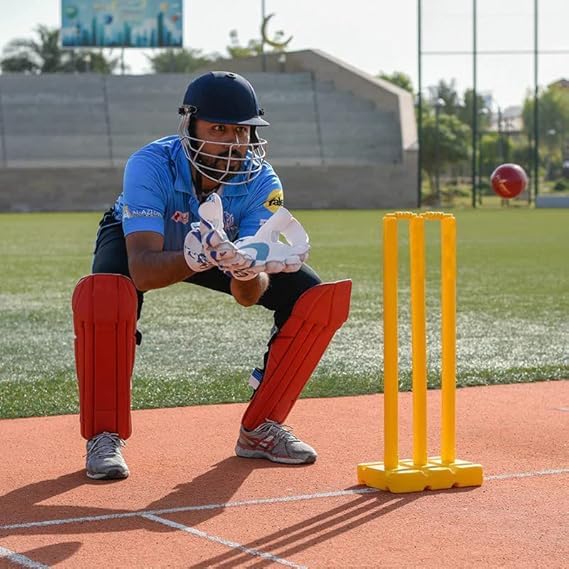 Image of Cricket kit with Wooden Bat, Plastic Stumps and Tennis Ball & Cap for Kids | Cricket Kit for Kids Cricket Bat with Wicket (Size 3, Age 6-10 Year)