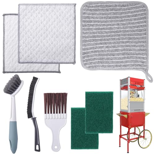 XANGNIER Popcorn Machine Cleaning Kit Accessories-8Pcs Multi-Functional Cleaner Set with Long-Handled Brush Crevice Brush & Oil-Absorbing Cloth for Deep Clean of Popcorn Popper Hot Pot & Glass Door