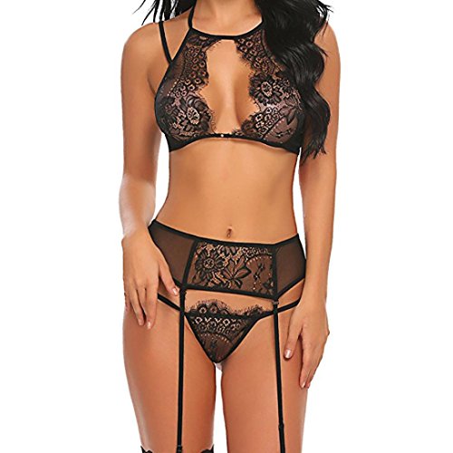 Amlaiworld Donna Lingerie Set Pizzo Push up Tops Reggiseno + Slip Biancheria Intima (S, Nero)