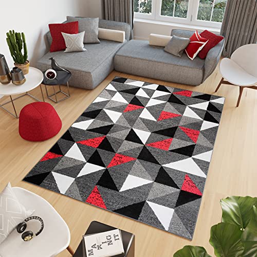 TAPISO Fire Tapis de Salon Chambre Design Moderne Rouge Blanc Gris Noir Mosaïque Géométrique Optique Fin 120 x 170 cm