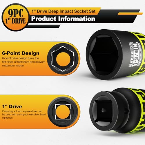 Image of 9 Piece 1 inch Drive Deep Impact Socket Set, 1 inch - 2 inch Jumbo Socket, SAE, 6-Point, Heavy Duty CR-MO, Truck Tire Service, Mechanical Equipment Maintance