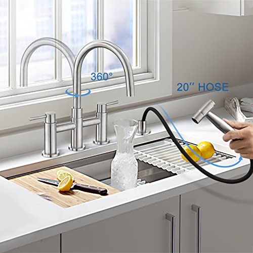 Dornberg Bridge Kitchen Faucet With Side Sprayer, 2 Handle Farmhouse Sink Faucet Spot-Free Stainless Steel, 4 Hole For Easy To Install - Brushed Nickel #TOP1
