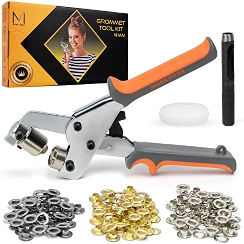 "MARKYITAN Complete Set for DIY Projects Grommet Tool Kit - 3/8 Inch Grommet Press Plier with 90 Silver, Gold, and Chrome Grommets, Leather Hole Punch, and Solid Plastic Block"