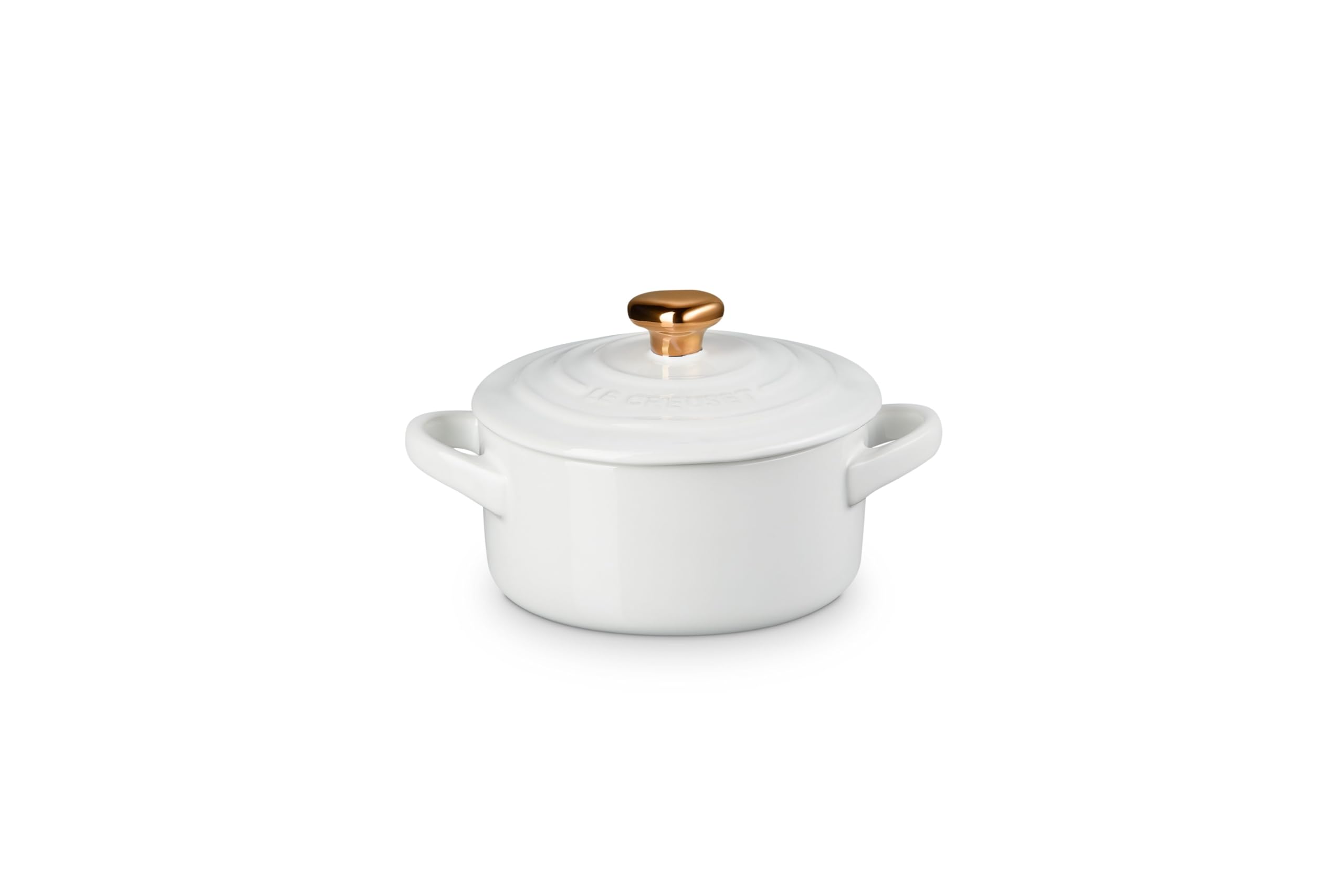 Le Creuset Stoneware Mini Round Cocotte, 8oz., White with Gold Heart Knob