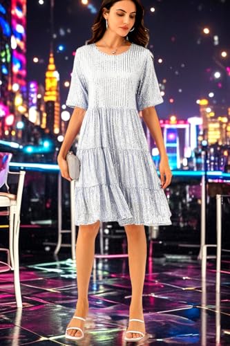 Image of Sequin Babydoll Summer Dress,Sparkly Glitter Dress Short Flowy Tiered Tunic Dress for Women Party Club Night