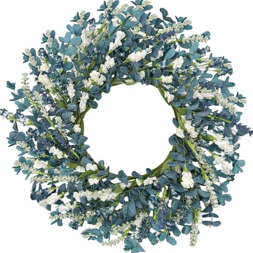 QIANGED 22 Inch Blue Floral Wreath for Front Door Artificial Spring Summer Wreath with Free Pink Sash All Seasons Eucalyptus Greenery Wreath for Indoor Outdoor Home Wall Wedding Decor