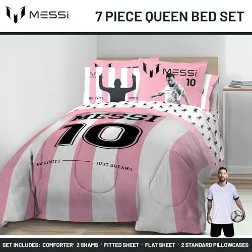 Image of Jay Franco Messi Queen Comforter Set 7 Piece Soft Kids Sports Bedding, Pink