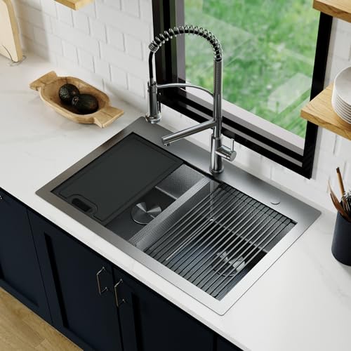 Image of Karran Matrix 33 inch Top Mount Workstation Kitchen Sink, Double Bowl, 16 Gauge Stainless Steel, Gunmetal Grey, Includes Cutting Board, Drying Mat & Basket Strainers