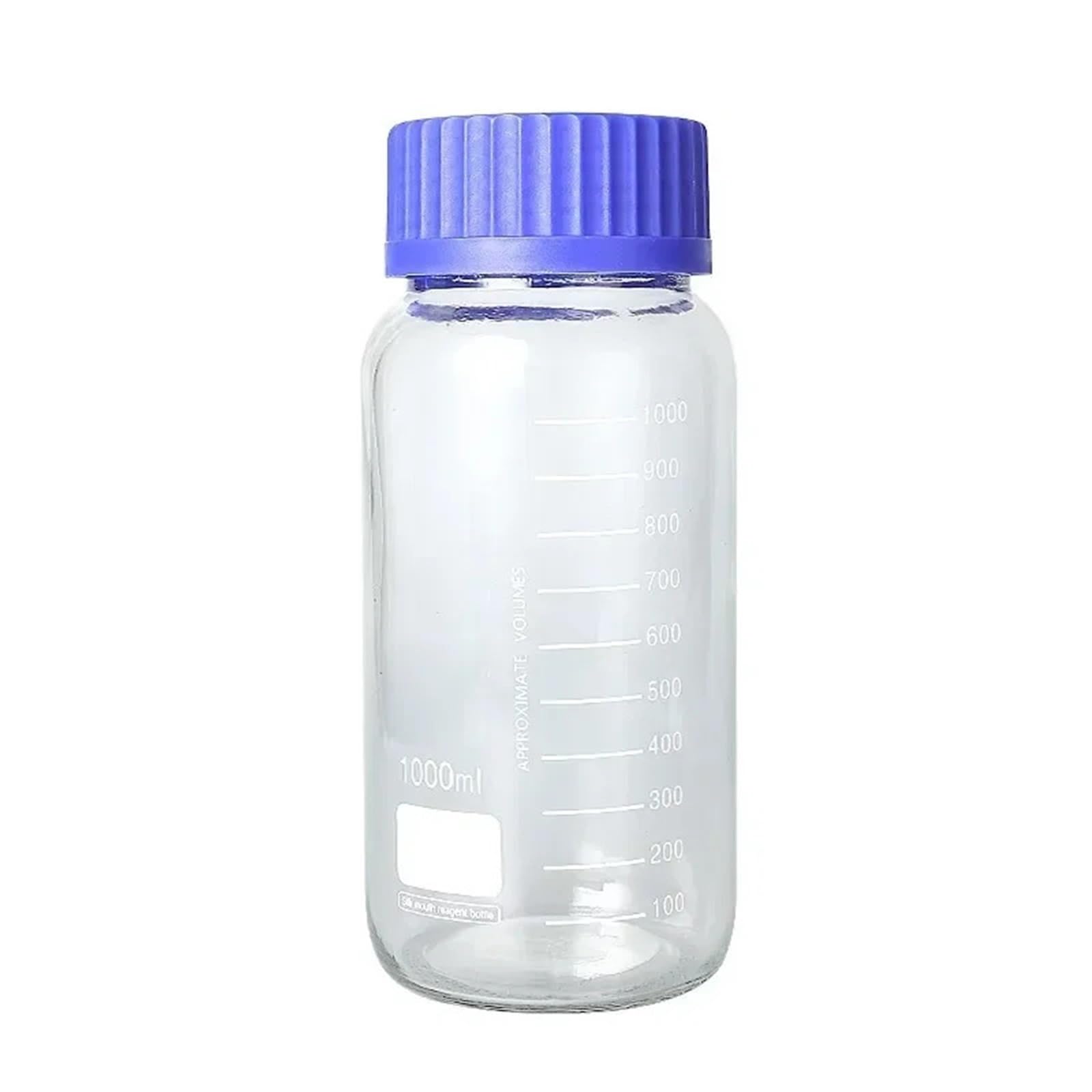 GL80 GL70 Botella de reactivo de boca grande transparente con tapa azul, botella de vidrio for muestra química, botella sellada de boca ancha con escala(GL80 1000ML)