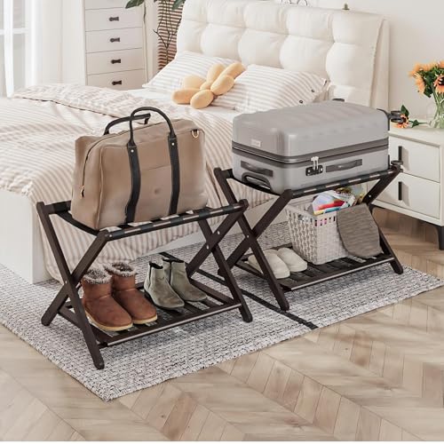 Pack of 2 Fully Assembled Bamboo Luggage Racks, Folding Suitcase Stand with Shoe Shelf, 5 Nylon Straps, Heavy Duty, Luggage Stands Ideal for Guest Room, Bedroom, Hotel, Espresso