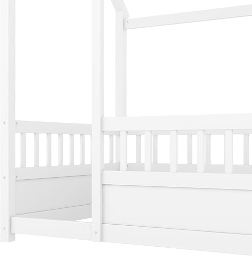 Miniatura 81 de Bellemave Cama Montessori de madera con valla y techo para niños, marco de cama individual para niños, niñas (individual, blanco)