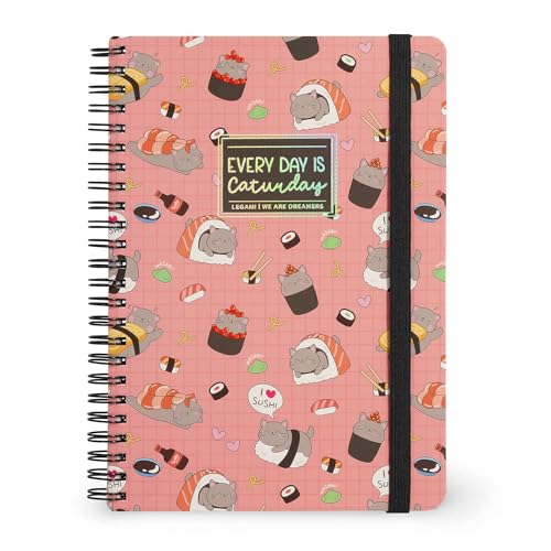 Legami - Cuaderno con espiral de rayas de 7 mm, Sushi Cat, Large, tamaño A4, papel certificado FSC, contiene 1 hoja de adhesivos, 160 páginas, cierre elástico, 15 x 21 cm