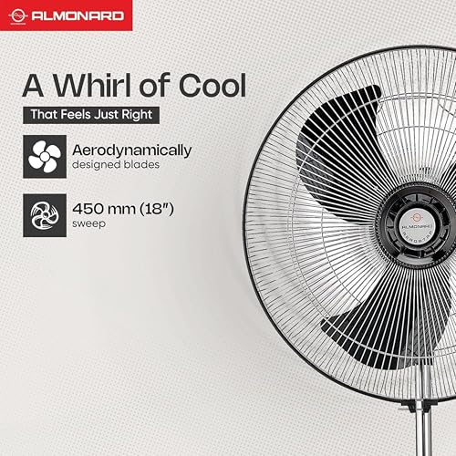Image of Almonard Aerostar Metal Pedestal Fan 450mm | High Speed | Full Copper Winding Motor | with Overheat Protection | Aerodynamic Blades | 3 Speed | Adjustable Height Standing Fan | 2 Year Warranty | Black