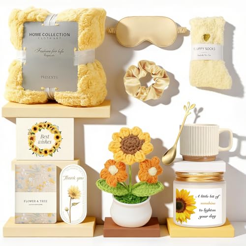 Regalos para mujeres, regalo de cumpleaños de girasol para mujeres, juego de regalo de 10 piezas con manta de franela, taza, vela perfumada y girasol de ganchillo para mamá, novia, hermana