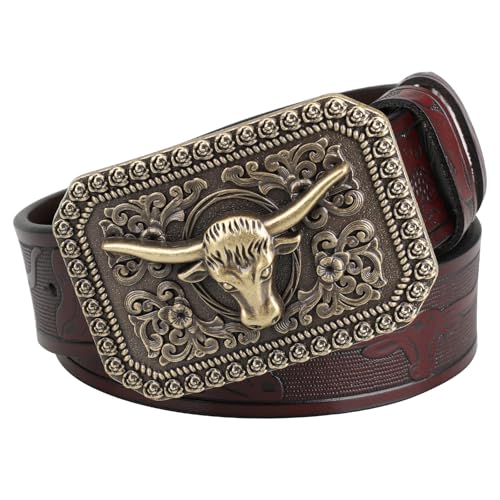 Western Belt Cowboy Cowgirl Belts for Men Women, Longhorn-Bull-Pattern-Engraved-Buckle, Embossed Leather Belt for Jeans Pants