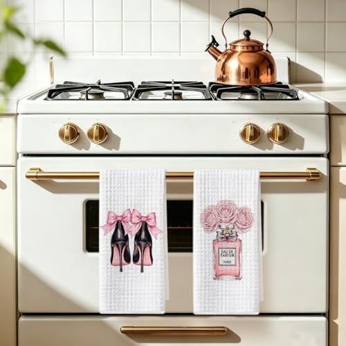 Image of Hanamiya Na 2Pcs Pink Hand Towels Decor for Bathroom 24x14 Inch, Bow Decor Reusable Towel, Waffle Weave Tea Towels for Bathroom Kitchen Farmhouse Decor, Washroom Gifts for Women Friend