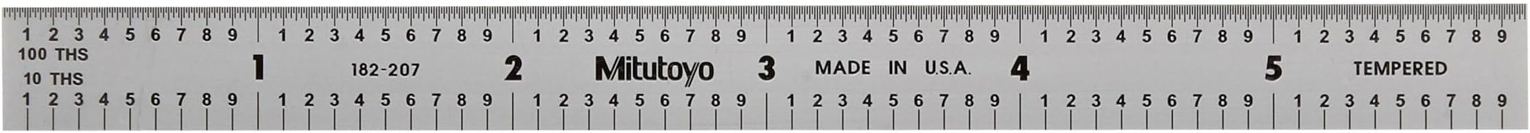 182-207, Steel Rule, 6" X 150mm, (1/10, 1/100", 1mm, 1/2mm), 1/64" Thick X 1/2" Wide, Satin Chrome Finish Tempered Stainless Steel