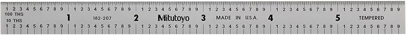 Mitutoyo 182-207, Steel Rule, 6" X 150mm, (1/10, 1/100", 1mm, 1/2mm), 1/64" Thick X 1/2" Wide, Satin Chrome Finish Tempered Stainless Steel | Tempered stainless steel, +/-0.006" (+/-0.15 mm), clear graduations on satin-chrome finish, easy to read graduations