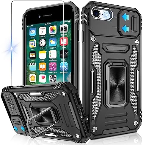Jshru for iPhone SE Case with Screen Protector and Slide Camera Cover [Upgrade],Military Grade Shockproof iPhone SE 2020/2022 Case with Ring Kickstand,Anti-Scratch Phone Cover for iPhone 7/8,Black